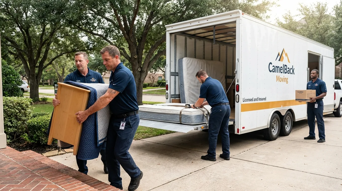 Crew loading residential truck for cross-state move from Russells Point, OH
