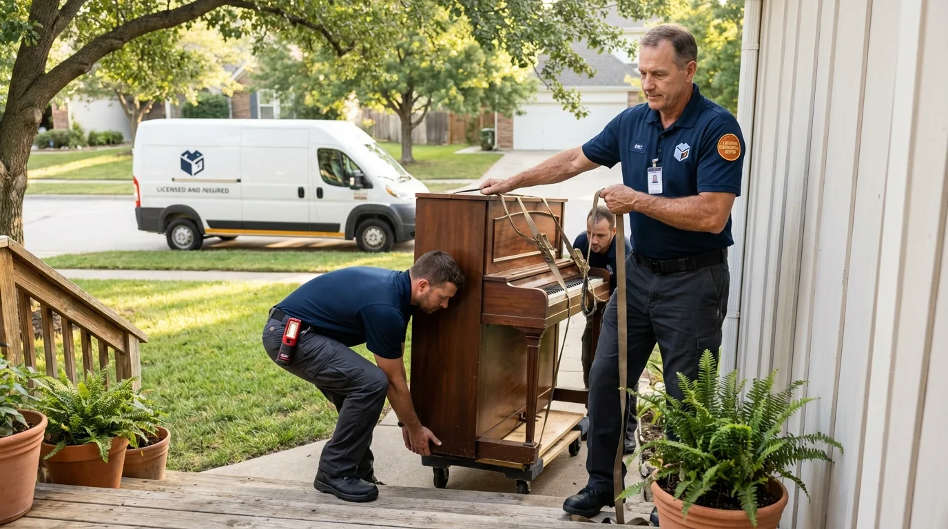 Licensed piano movers securing grand piano in Russells Point, OH