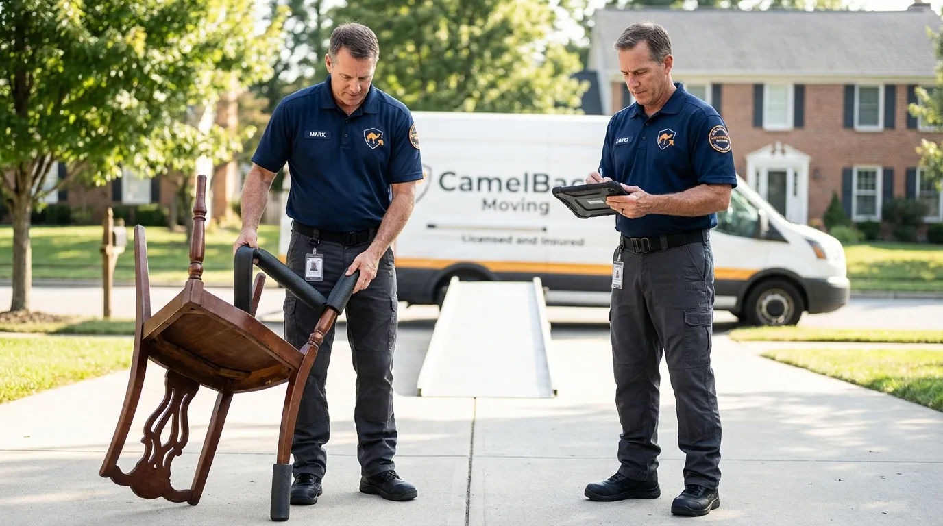 Movers inspecting furniture for damage prevention before loading in Russells Point, OH