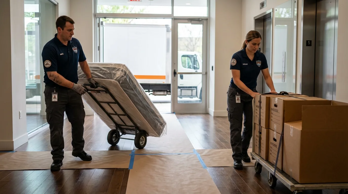 Professional apartment movers loading elevator in Russells Point, OH